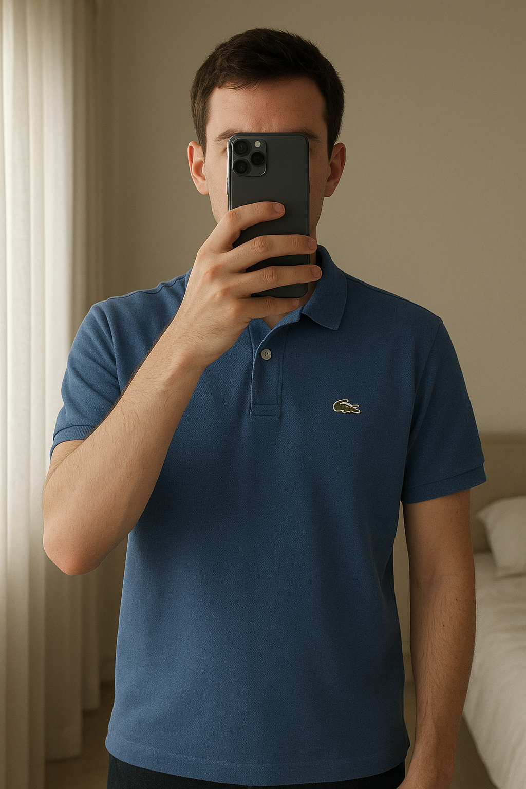 Polo lacoste debout, face à la caméra, dans une chambre à la lumière douce, avec une lumière naturelle filtrant par la fenêtre.