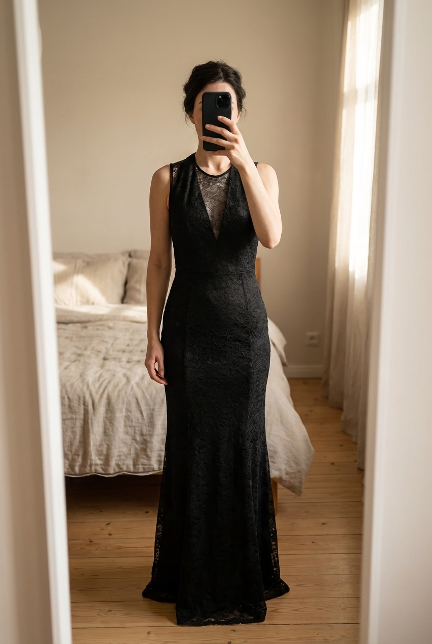 Sublime robe de soirée debout, face à la caméra, dans une chambre à la lumière douce, avec une lumière naturelle filtrant par la fenêtre.