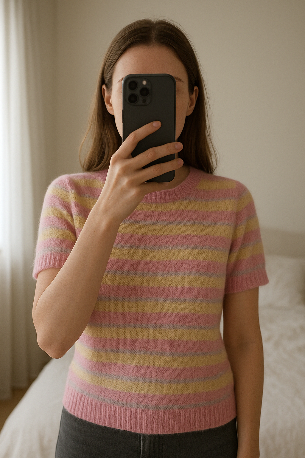 Hush S short sleeve jumper standing straight facing the camera, in a softly lit bedroom setting, with gentle natural light filtering through a window.