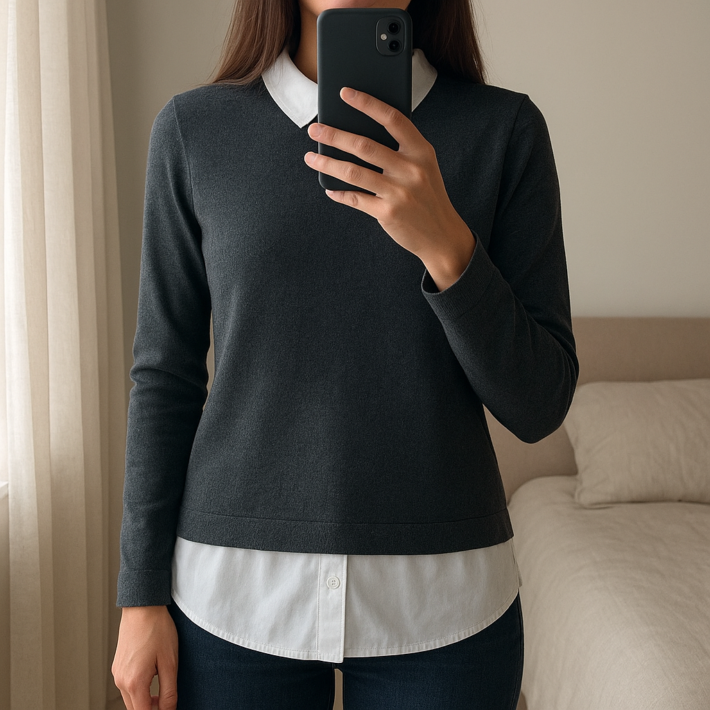 Peter Pan jumper by Hobbs size M/10 standing straight facing the camera, in a softly lit bedroom setting, with gentle natural light filtering through a window.