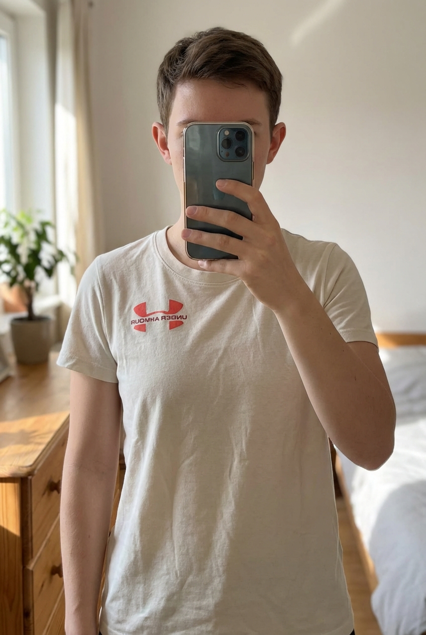 Tee shirt under armour debout, face à la caméra, dans une chambre à la lumière douce, avec une lumière naturelle filtrant par la fenêtre.