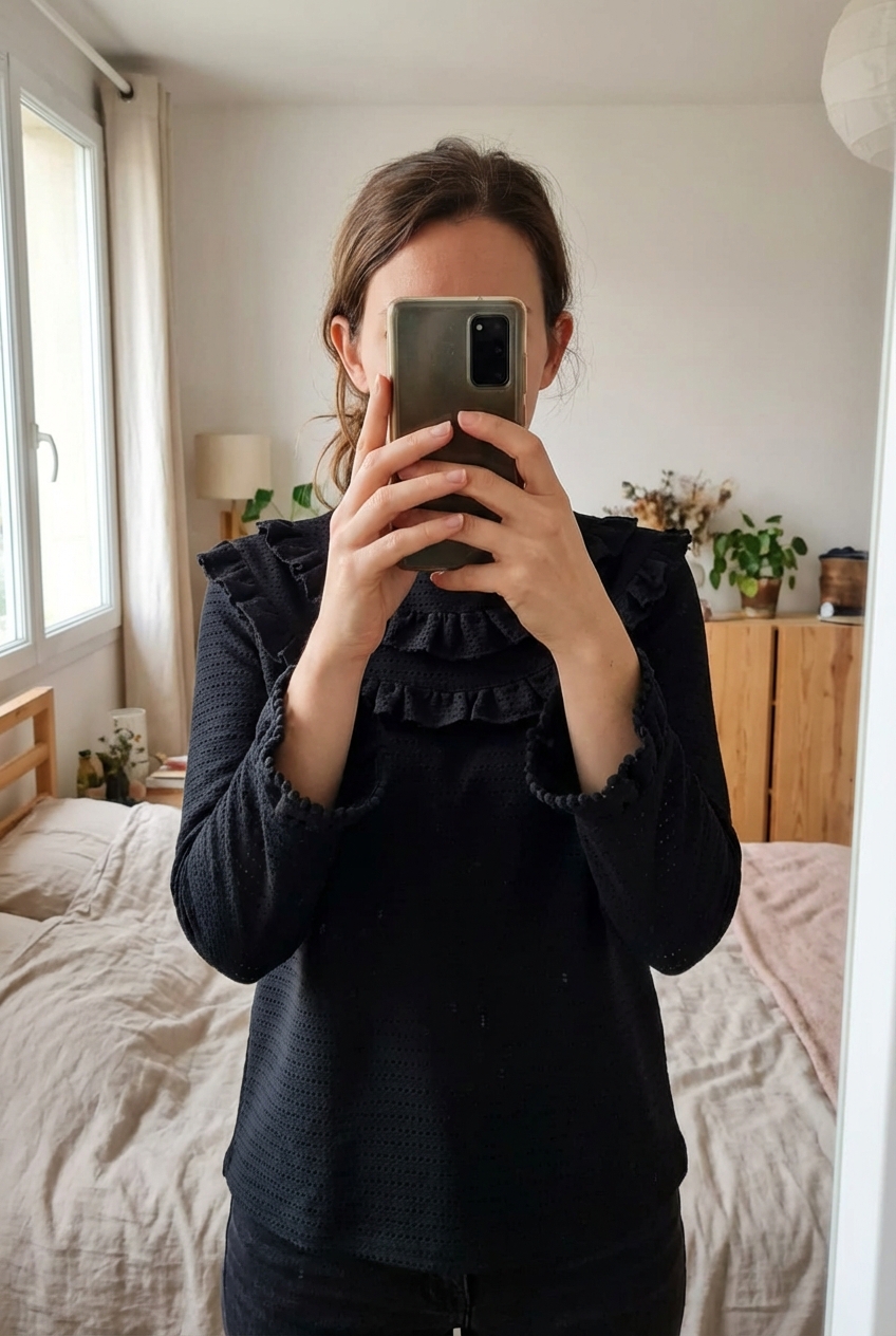 Blouse noire Saaj parfait état debout, face à la caméra, dans une chambre à la lumière douce, avec une lumière naturelle filtrant par la fenêtre.