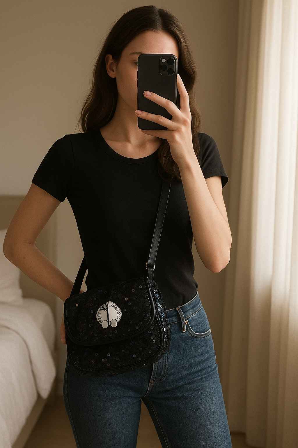 Une personne en Sac Lollipops cambrant légèrement le dos pour une pose dynamique, avec une silhouette fine, dans une chambre à la lumière douce, avec une lumière naturelle filtrant par la fenêtre.