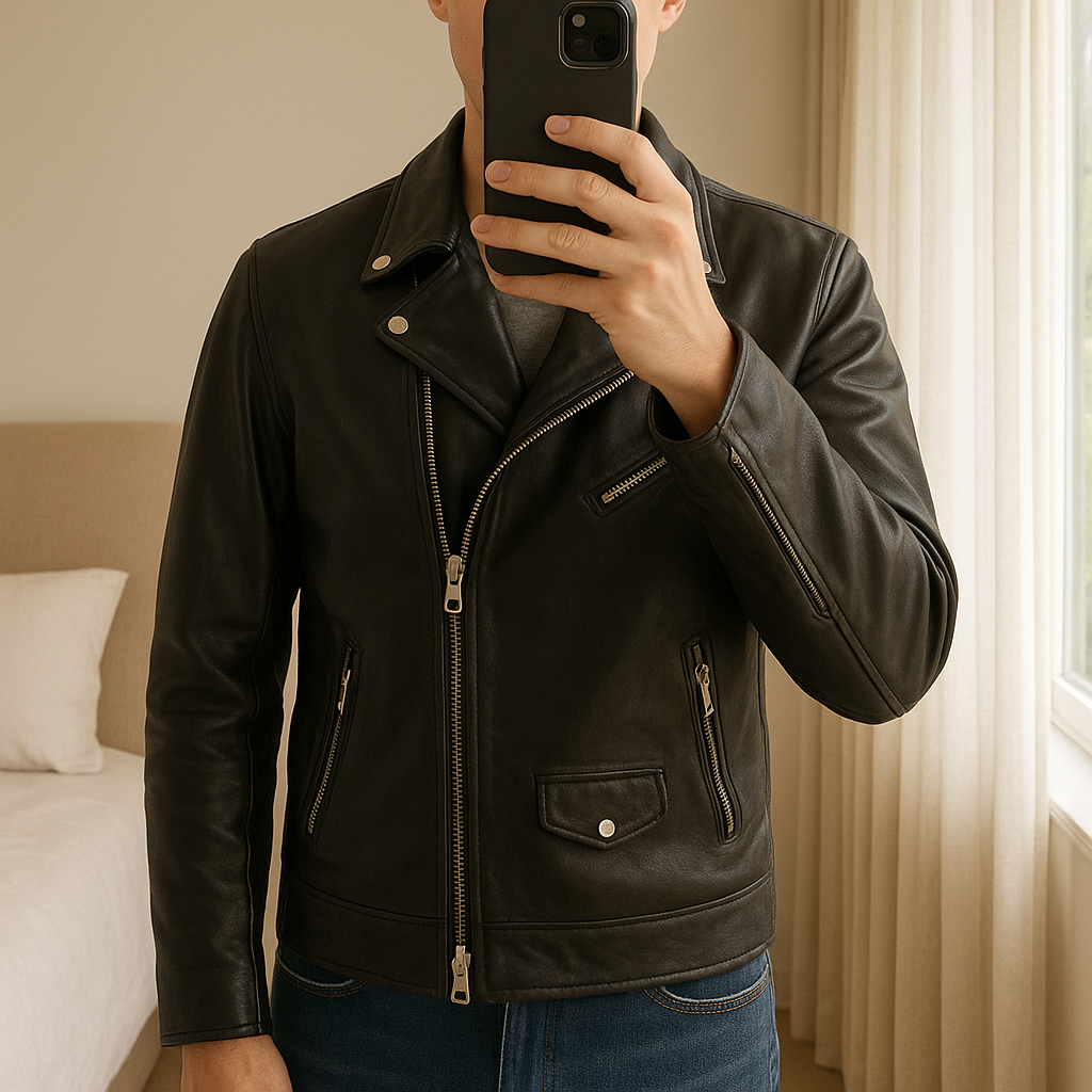 Giubbotto in vera pelle anni '90 vintage in piedi, rivolto verso la fotocamera, in una camera da letto con luce soffusa e luce naturale che filtra dalla finestra.