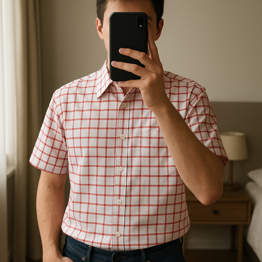 Men's Vintage Moschino shirt size L standing straight facing the camera, in a softly lit bedroom setting, with gentle natural light filtering through a window.