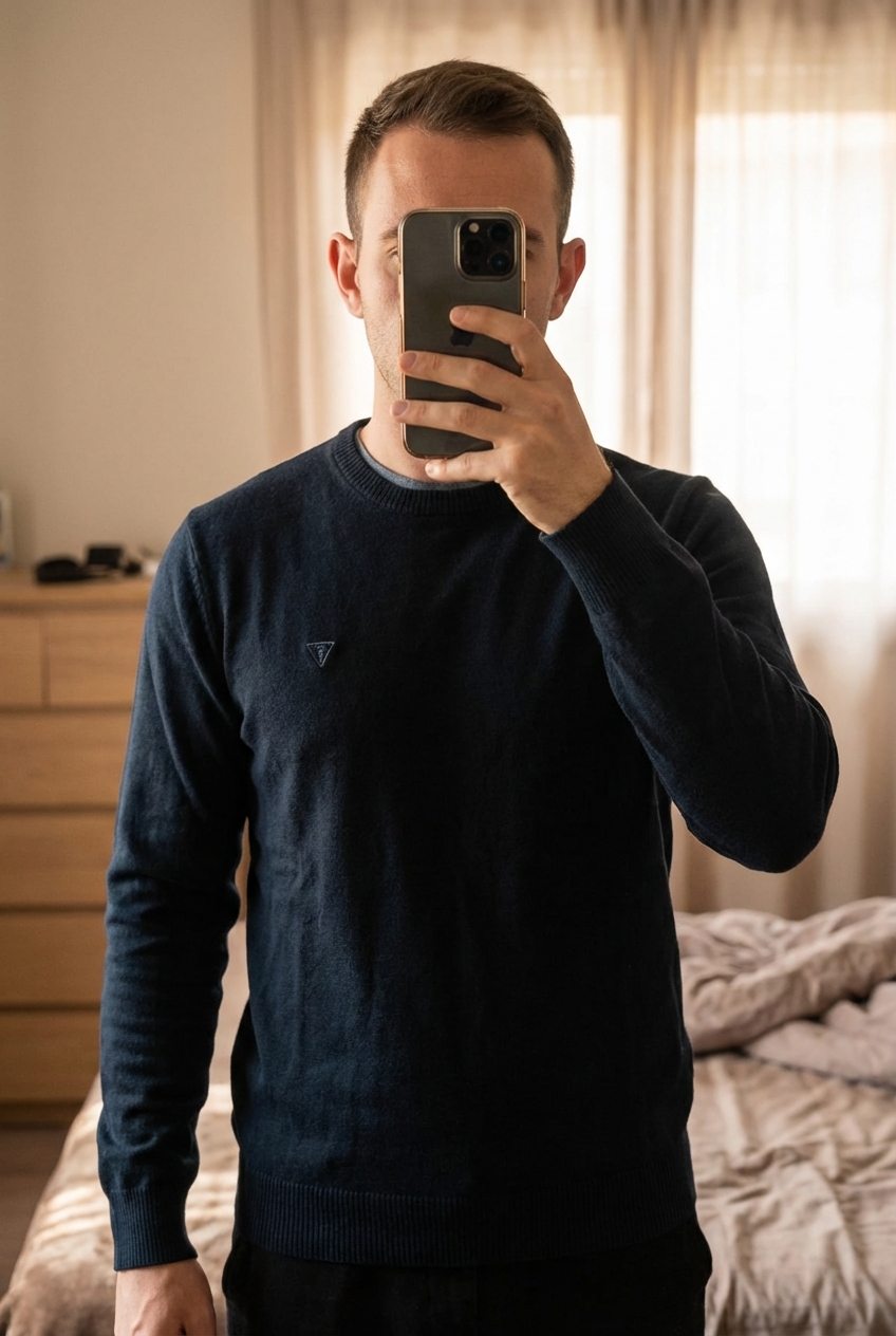 Jersey fino hombre de pie, mirando a la cámara, en un dormitorio con luz suave y natural filtrándose por la ventana.