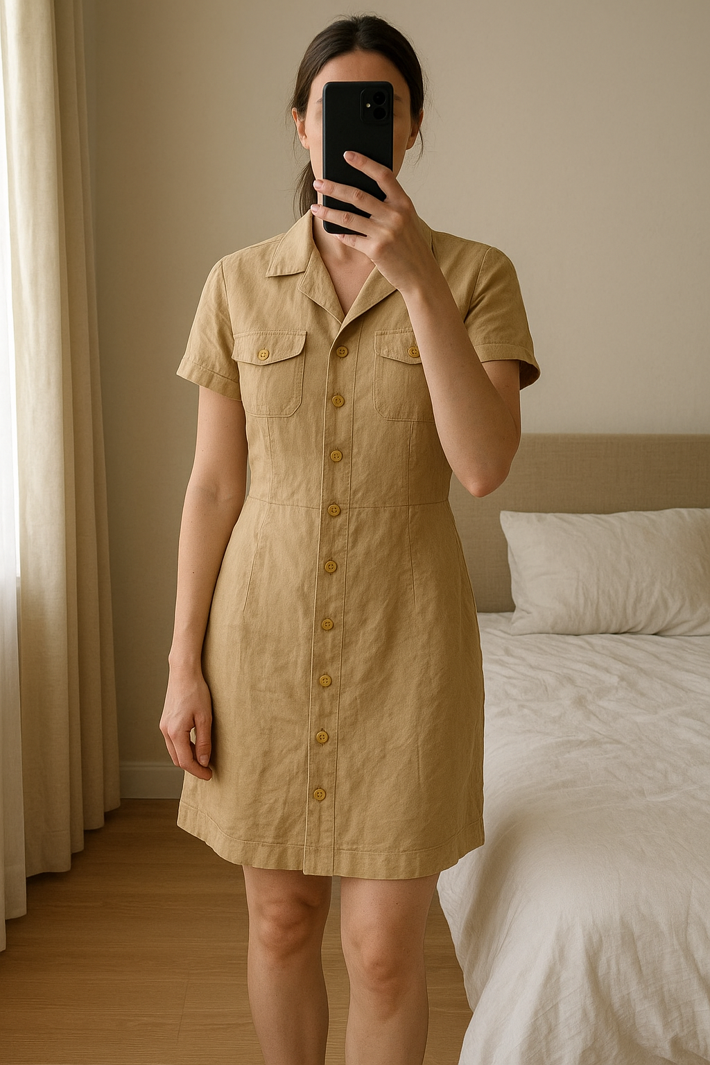 Kleedje Vivre Casual - maat 36 - zeer goed debout, face à la caméra, dans une chambre à la lumière douce, avec une lumière naturelle filtrant par la fenêtre.