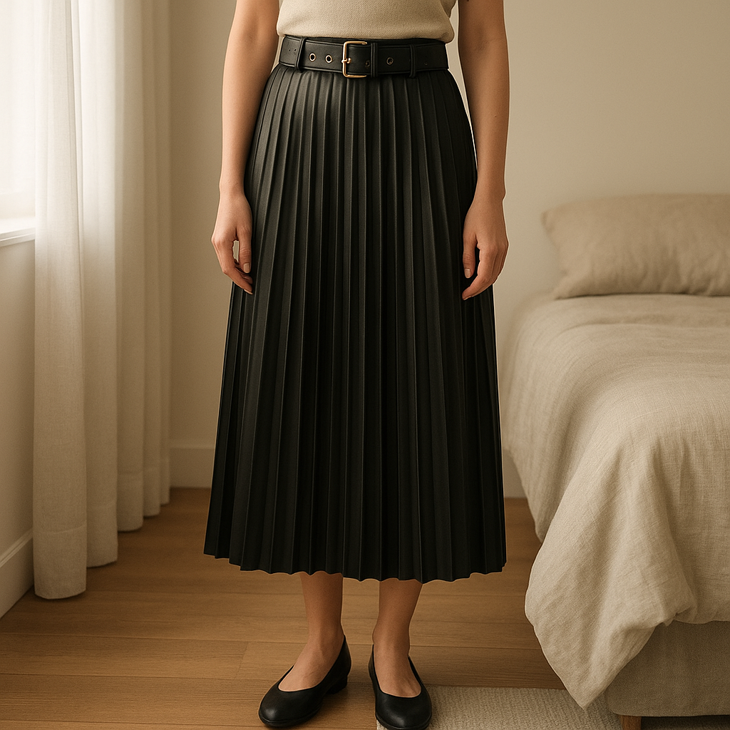 Jupe plissée Morgan 36 debout, face à la caméra, dans une chambre à la lumière douce, avec une lumière naturelle filtrant par la fenêtre.