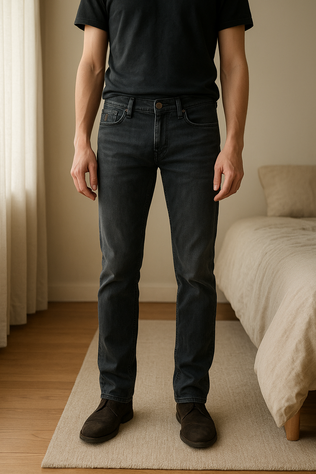 Jean de la marque Guess coupe hight skinny taille 28 debout, face à la caméra, dans une chambre à la lumière douce, avec une lumière naturelle filtrant par la fenêtre.