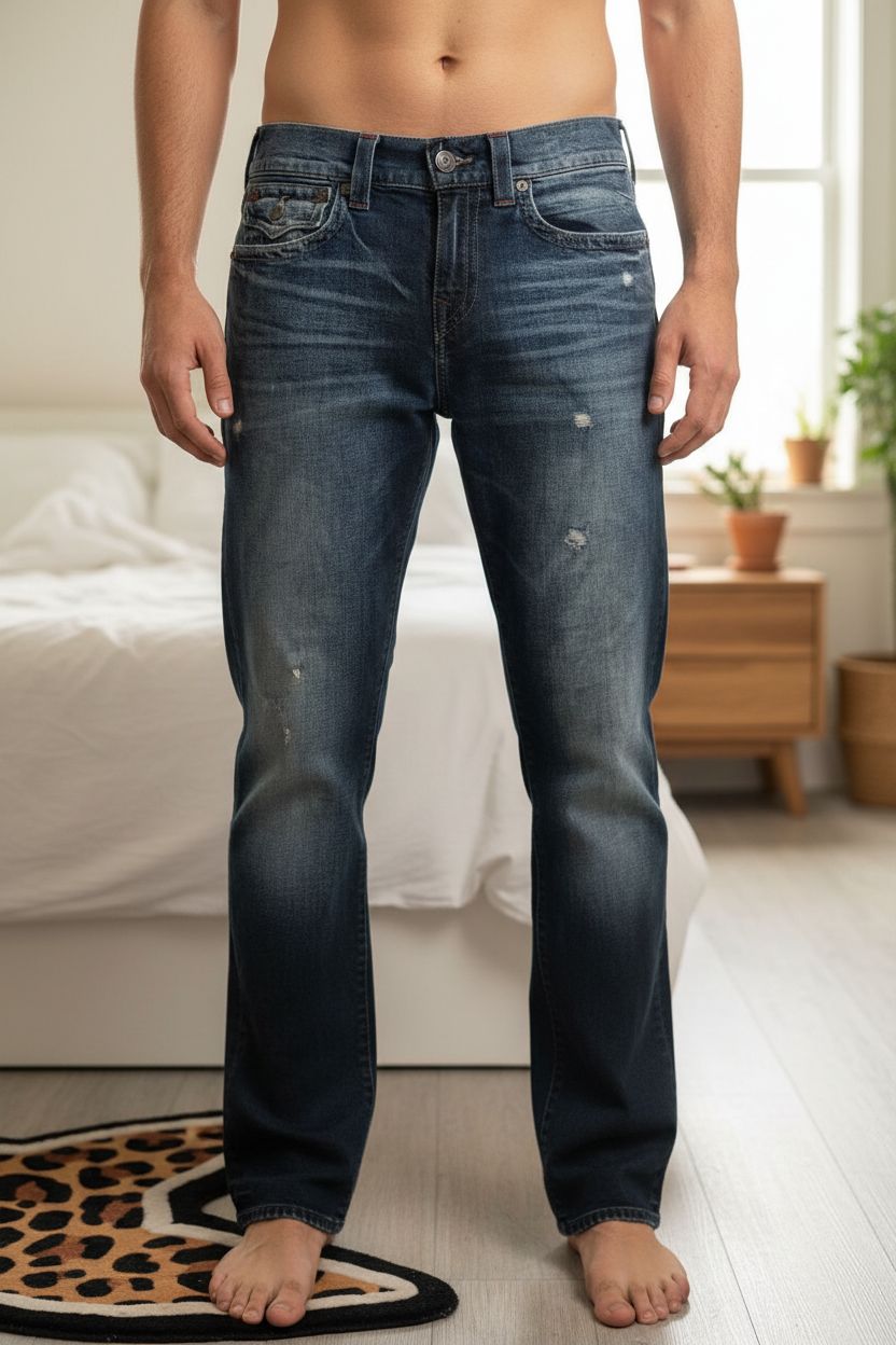 Vintage Y2K true religion blue straight leg jeans standing straight facing the camera, in a softly lit bedroom setting, with gentle natural light filtering through a window.
