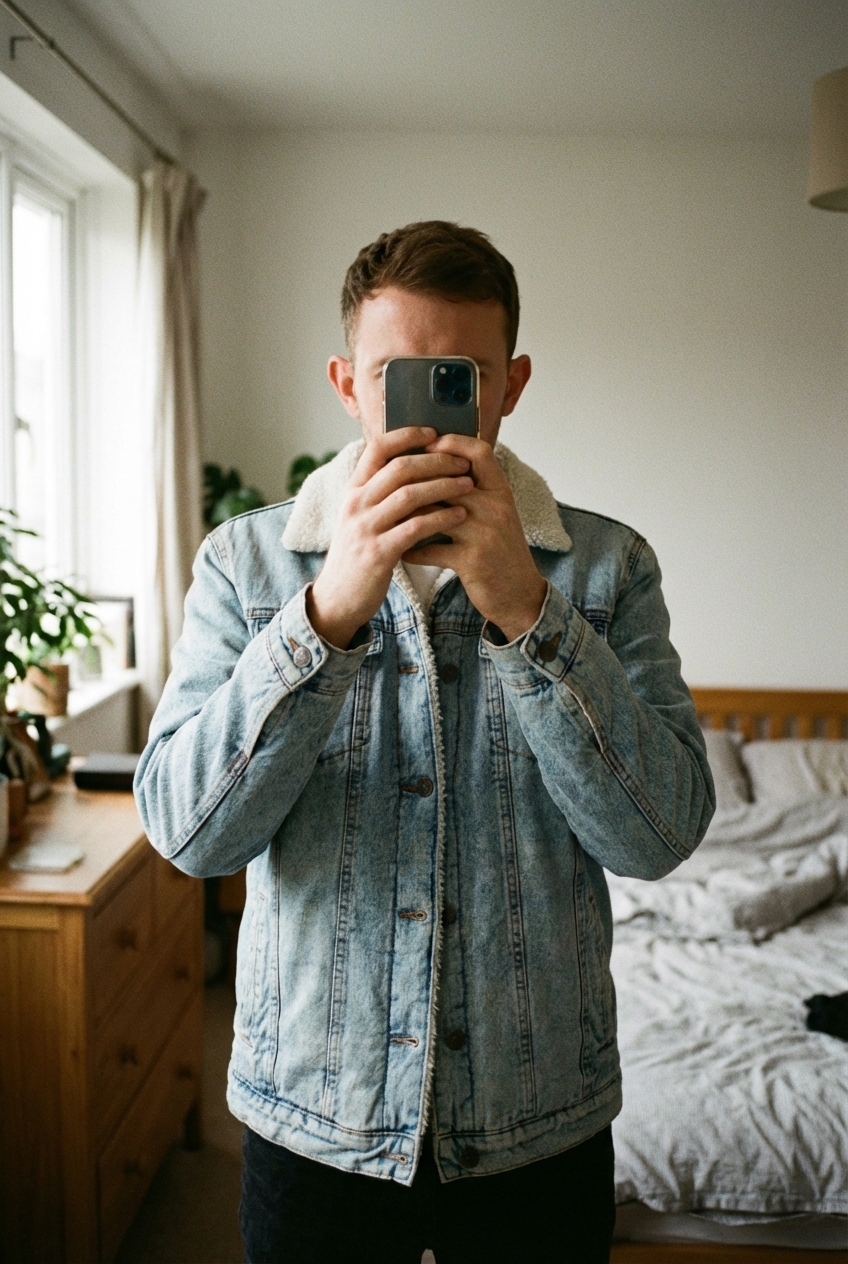 Veste en djean doublé debout, face à la caméra, dans une chambre à la lumière douce, avec une lumière naturelle filtrant par la fenêtre.
