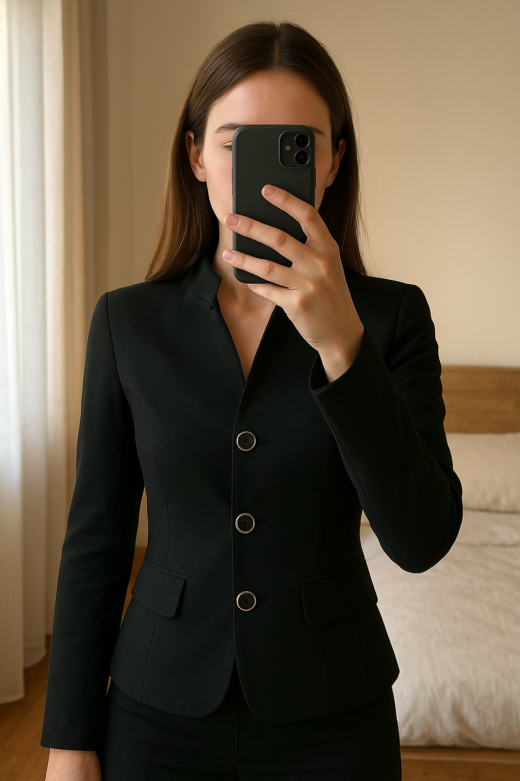Veste noir Merciano by guess debout, face à la caméra, dans une chambre à la lumière douce, avec une lumière naturelle filtrant par la fenêtre.