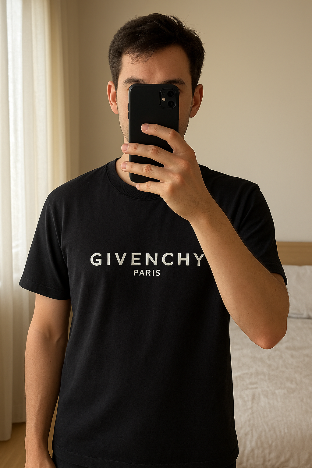 Tricou Givenchy standing straight facing the camera, in a softly lit bedroom setting, with gentle natural light filtering through a window.