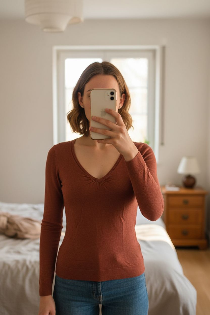 Eine Person in Schöner, herbstlicher Pullover | Gr. S aufrecht stehend, der Kamera zugewandt, mit schlanker Figur, in einem sanft beleuchteten Schlafzimmer, mit natürlichem Licht, das durch ein Fenster fällt.