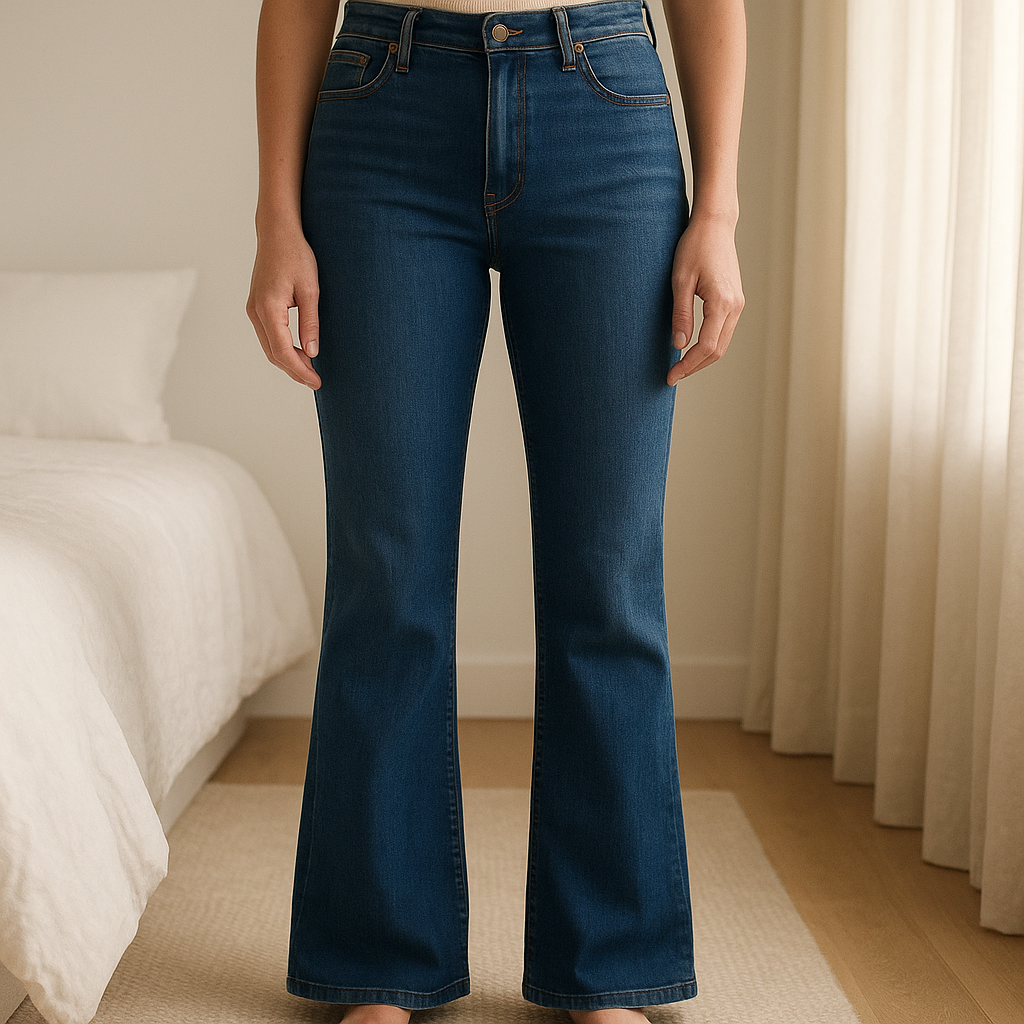 Jeans LEVI’S 815 Curvy Bootcut W28 L32 / FR 38 – NAVY debout, face à la caméra, dans une chambre à la lumière douce, avec une lumière naturelle filtrant par la fenêtre.
