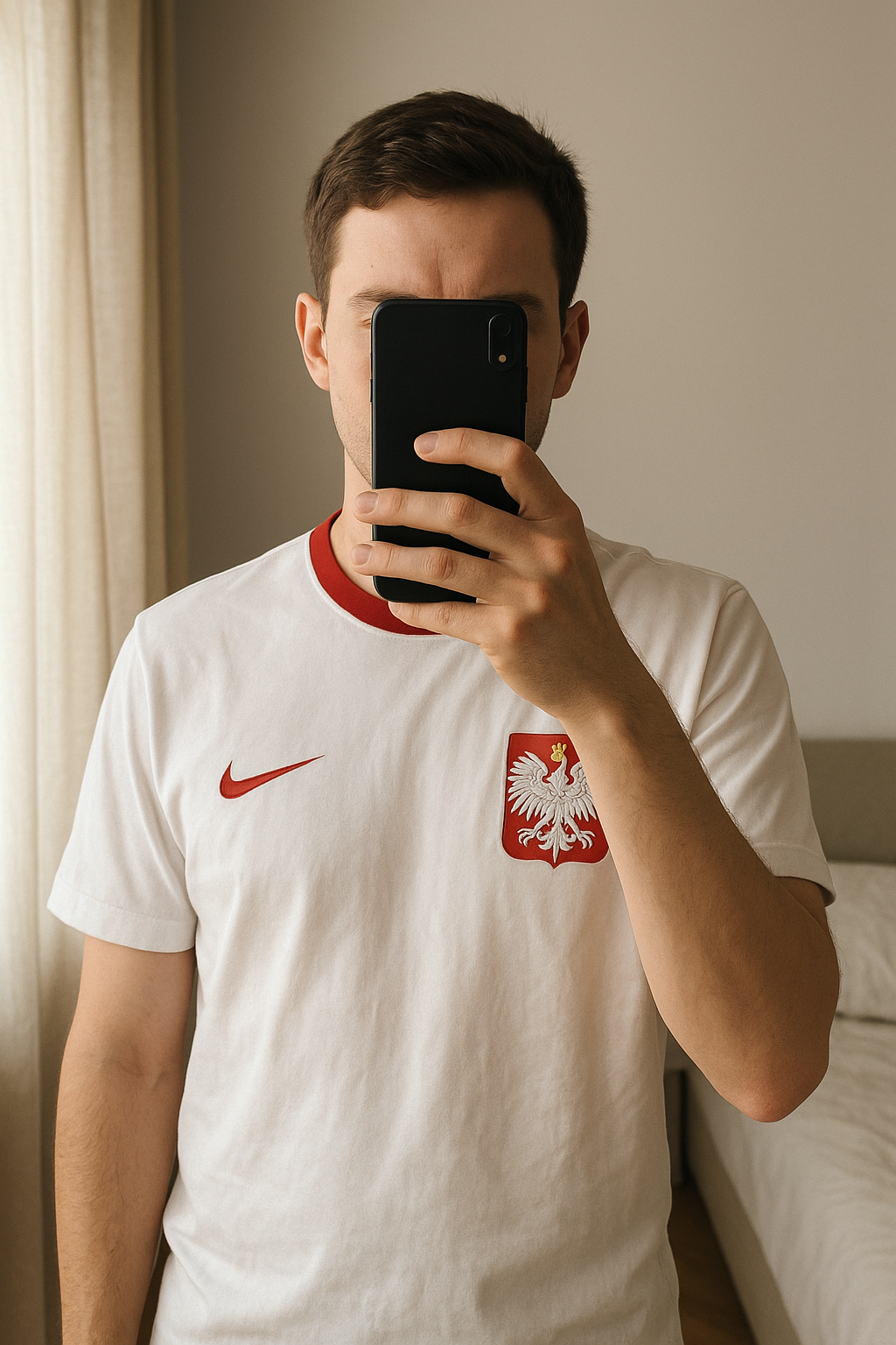 Koszulka reprezentacji Polski Nike M standing straight facing the camera, in a softly lit bedroom setting, with gentle natural light filtering through a window.