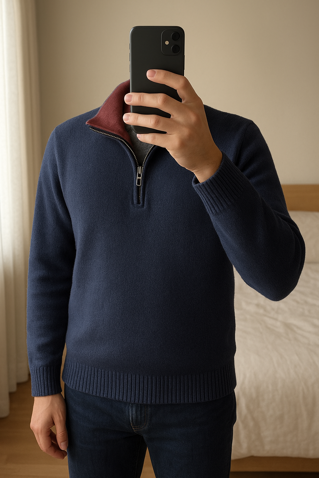 Pull QuarterZip Tommy Hilfiger Cachemire et Pima Coton Bleu Marine M debout, face à la caméra, dans une chambre à la lumière douce, avec une lumière naturelle filtrant par la fenêtre.