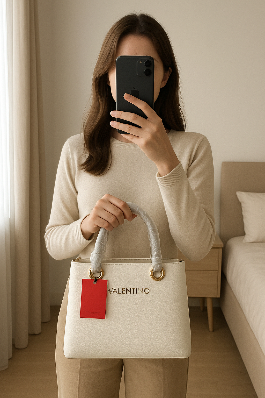 Sac à main Valentino debout, face à la caméra, dans une chambre à la lumière douce, avec une lumière naturelle filtrant par la fenêtre.