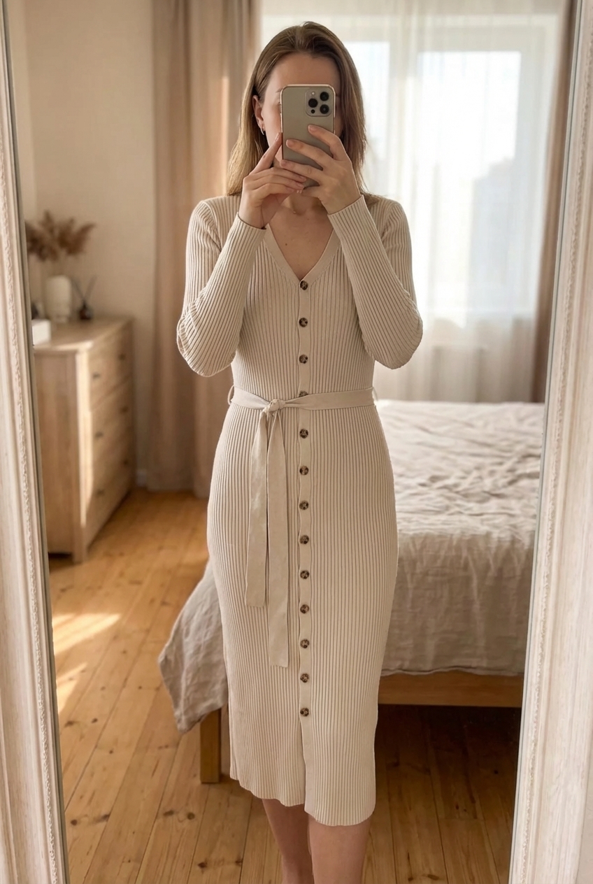 Robe pull hiver longue côtelée boutonnée taille 40 debout, face à la caméra, dans une chambre à la lumière douce, avec une lumière naturelle filtrant par la fenêtre.