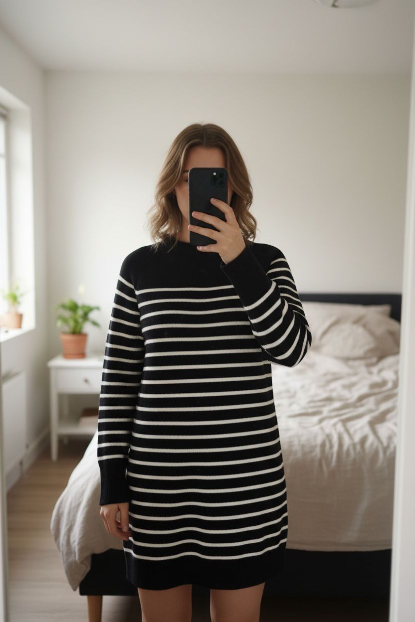 Robe pull Zara en maille rayée debout, face à la caméra, dans une chambre à la lumière douce, avec une lumière naturelle filtrant par la fenêtre.