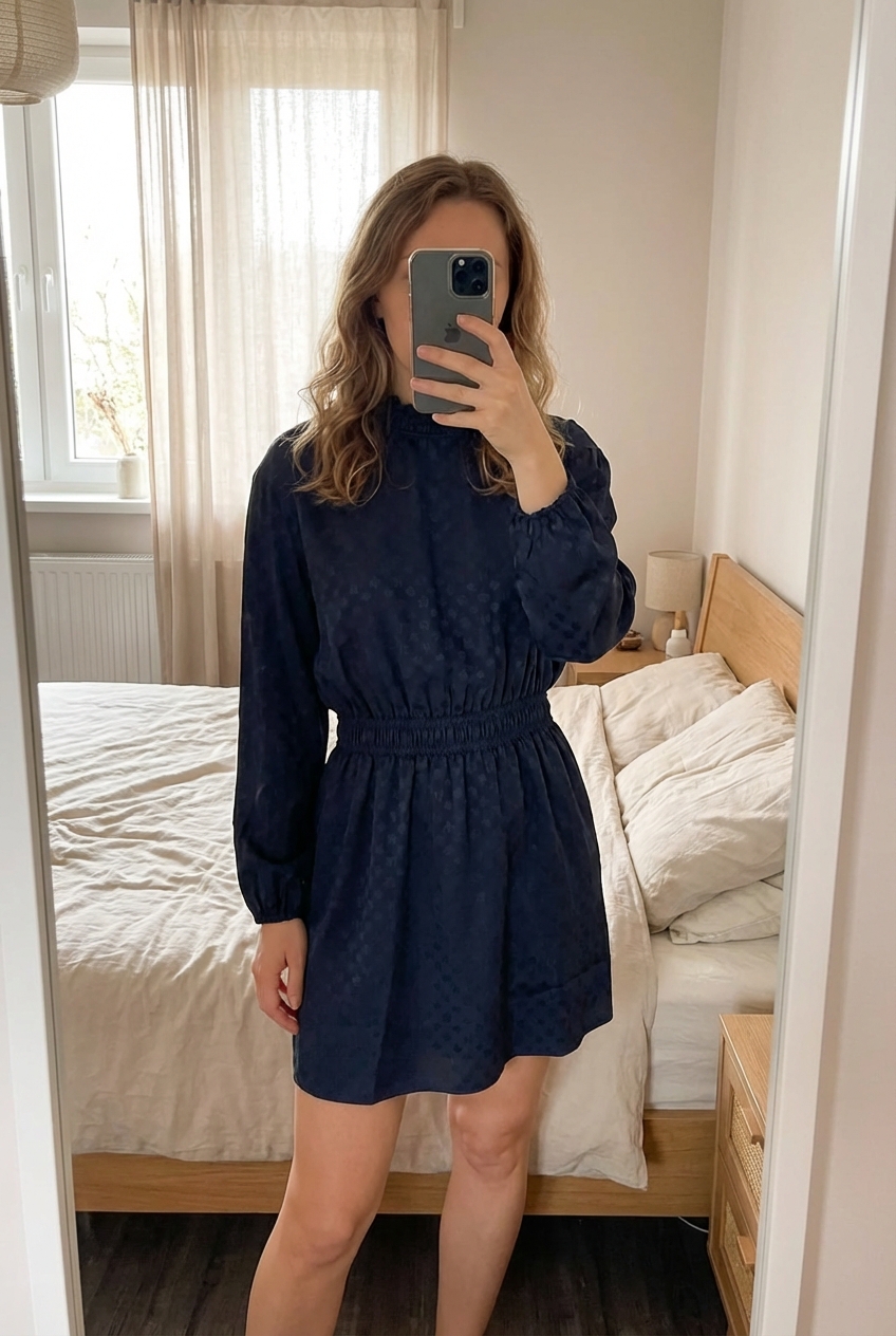 Robe Maje neuve debout, face à la caméra, dans une chambre à la lumière douce, avec une lumière naturelle filtrant par la fenêtre.