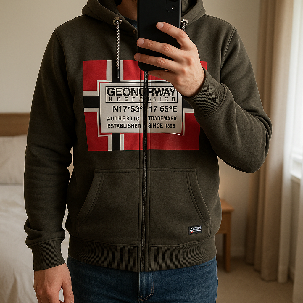 Veste homme taille L debout, face à la caméra, dans une chambre à la lumière douce, avec une lumière naturelle filtrant par la fenêtre.