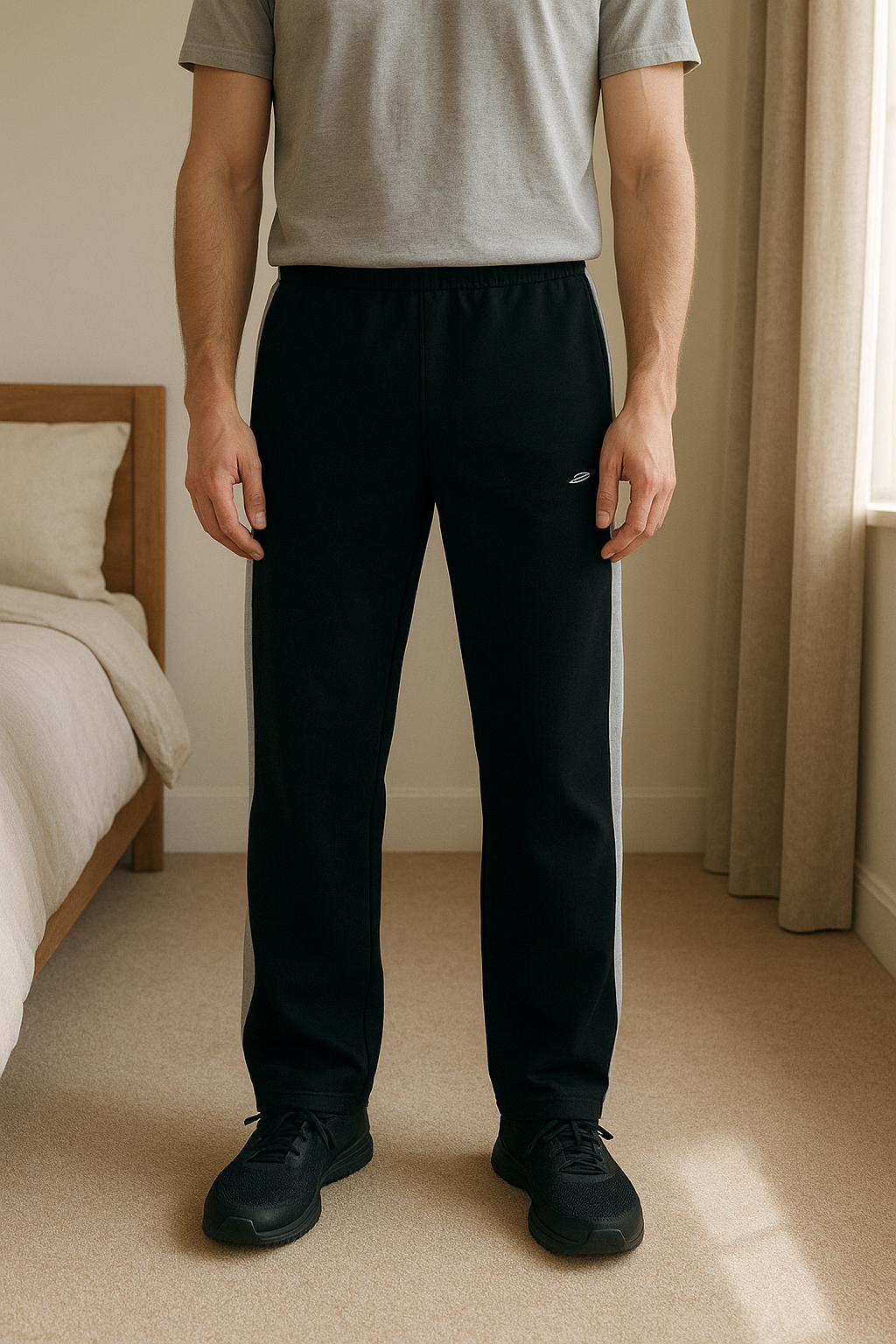 Reebok Pantaloni Tuta Nero/Bianco Uomo Vintage in piedi, rivolto verso la fotocamera, in una camera da letto con luce soffusa e luce naturale che filtra dalla finestra.