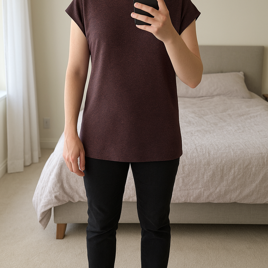 Gorgeous dress standing straight facing the camera, in a softly lit bedroom setting, with gentle natural light filtering through a window.