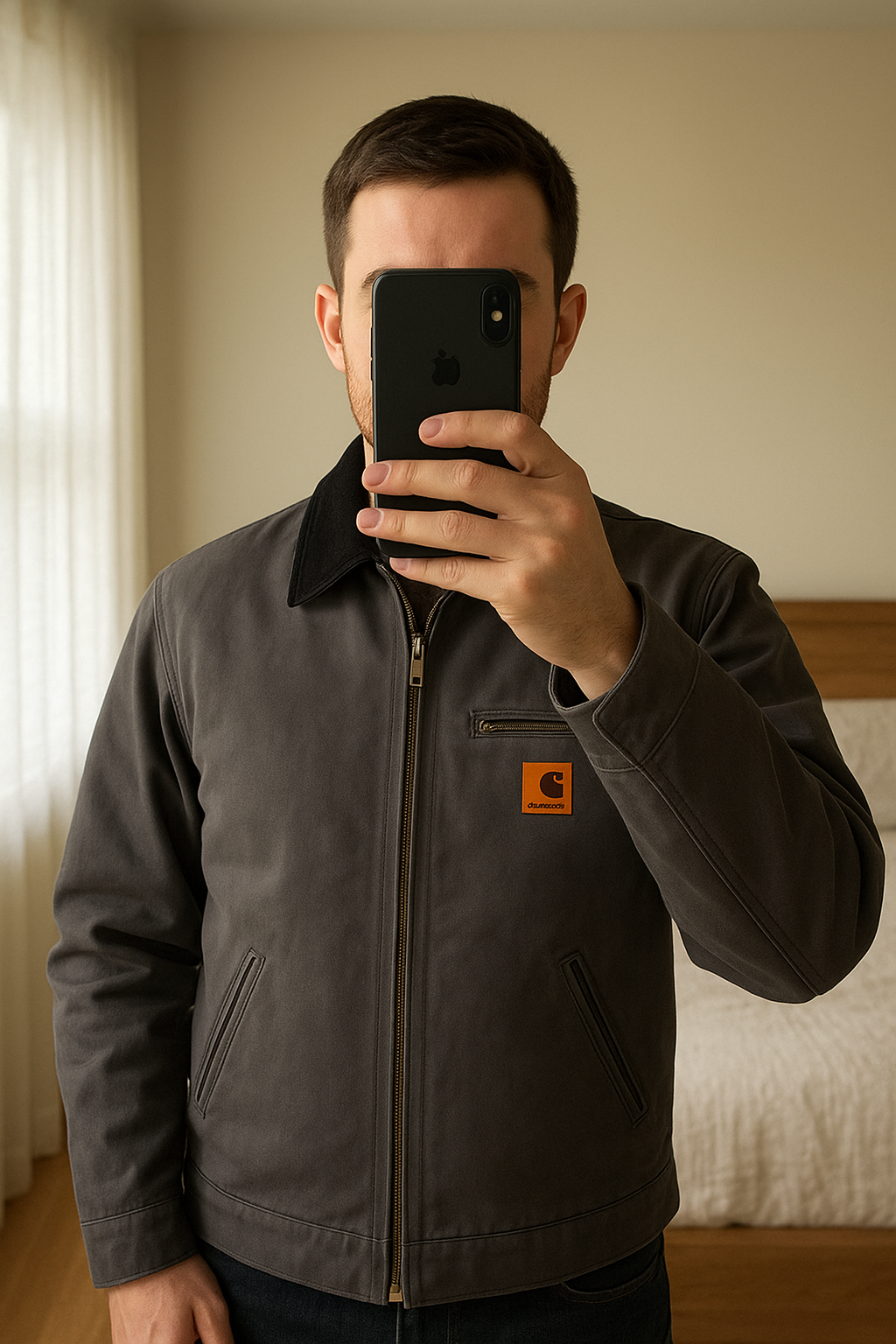 Carhartt Jacket Detroit Style Reworked Harrington |Taille XL | grise debout, face à la caméra, dans une chambre à la lumière douce, avec une lumière naturelle filtrant par la fenêtre.