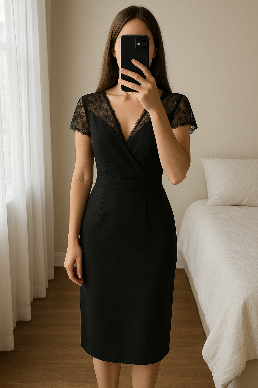 Superbe combinaison noire debout, face à la caméra, dans une chambre à la lumière douce, avec une lumière naturelle filtrant par la fenêtre.