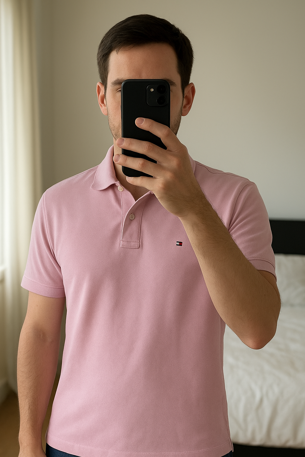 Polo Ralph Lauren rose debout, face à la caméra, dans une chambre à la lumière douce, avec une lumière naturelle filtrant par la fenêtre.