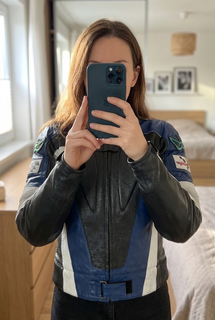 Mono, traje moto de pie, mirando a la cámara, en un dormitorio con luz suave y natural filtrándose por la ventana.