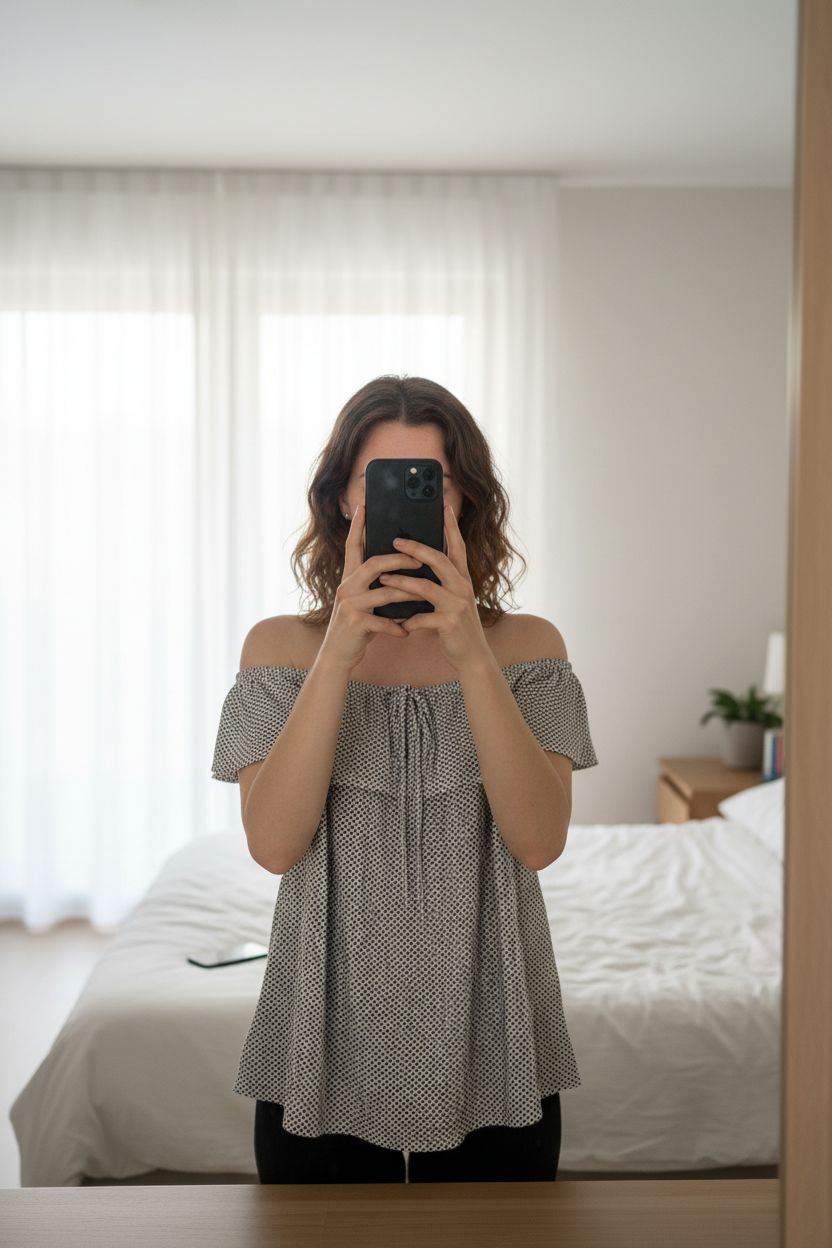 Top bonobo taille L debout, face à la caméra, dans une chambre à la lumière douce, avec une lumière naturelle filtrant par la fenêtre.