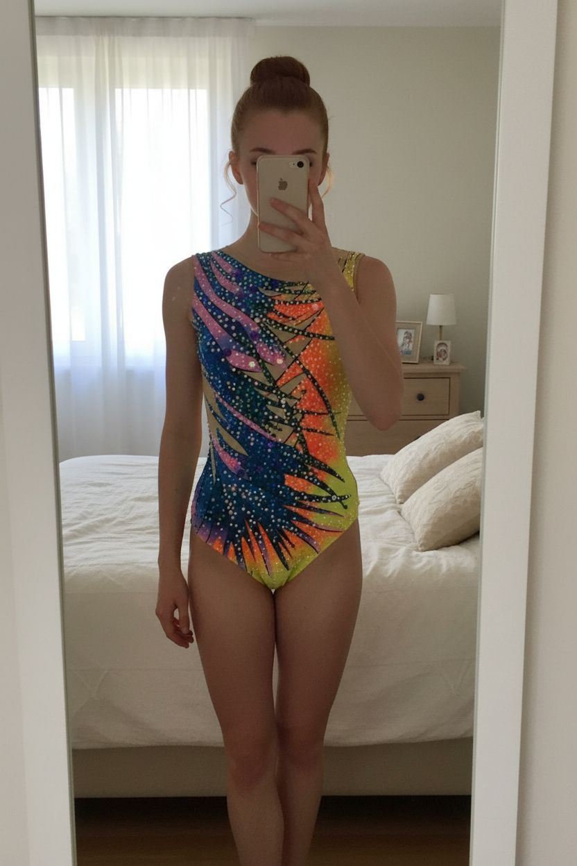 Justaucorps compétition debout, face à la caméra, dans une chambre à la lumière douce, avec une lumière naturelle filtrant par la fenêtre.