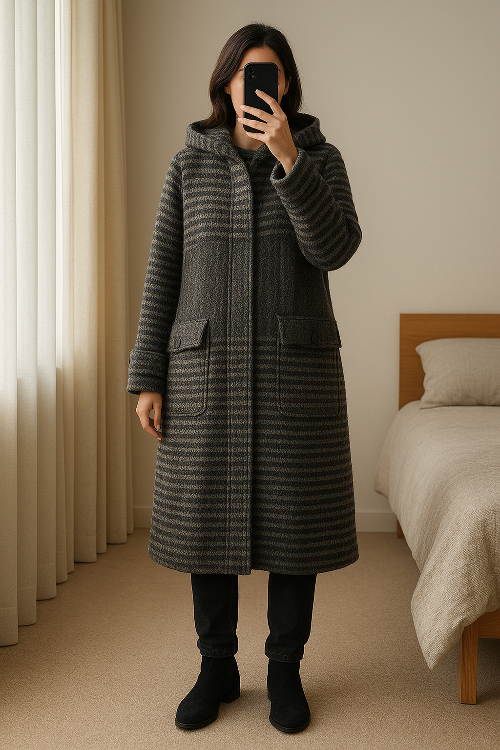 Twinset cappotto pesante in piedi, rivolto verso la fotocamera, in una camera da letto con luce soffusa e luce naturale che filtra dalla finestra.