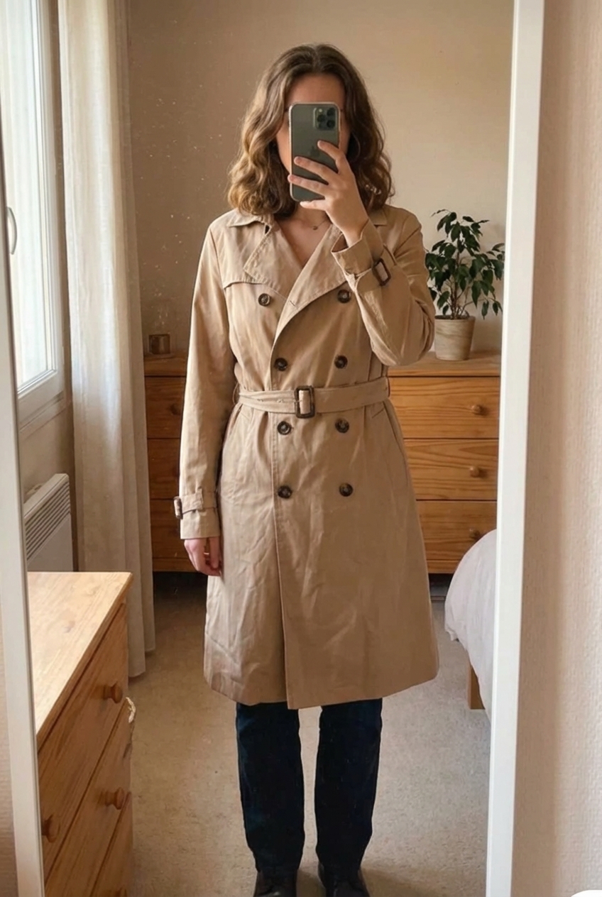 Trench coat Etam debout, face à la caméra, dans une chambre à la lumière douce, avec une lumière naturelle filtrant par la fenêtre.