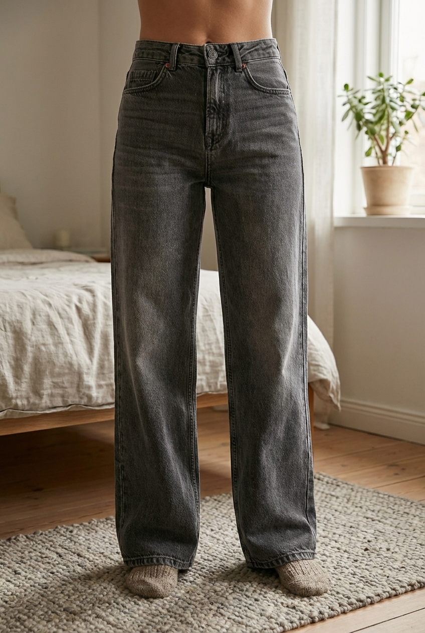 Jean Regular Wide D92 Stradivarius debout, face à la caméra, dans une chambre à la lumière douce, avec une lumière naturelle filtrant par la fenêtre.