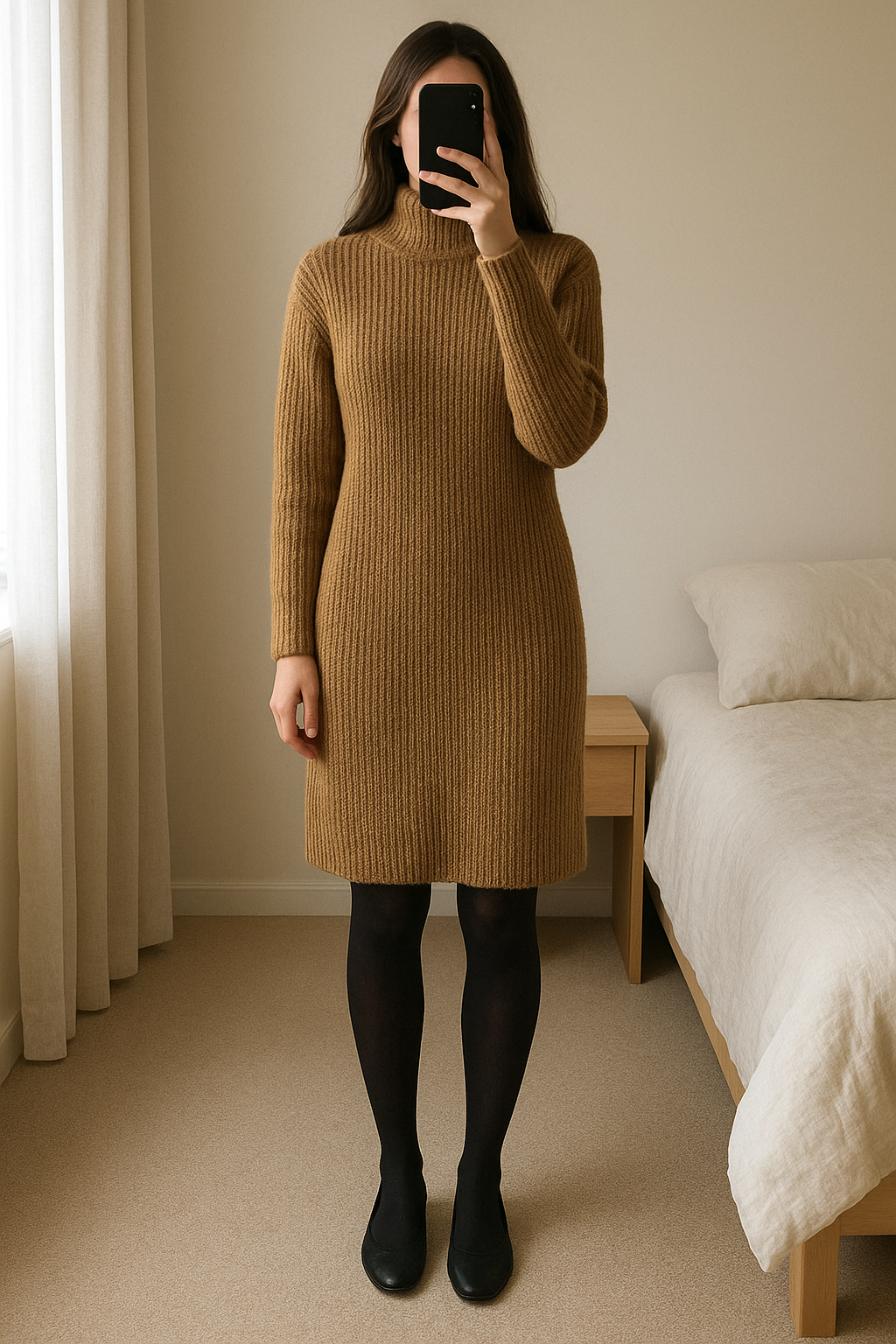 Robe d'hiver zara debout, face à la caméra, dans une chambre à la lumière douce, avec une lumière naturelle filtrant par la fenêtre.
