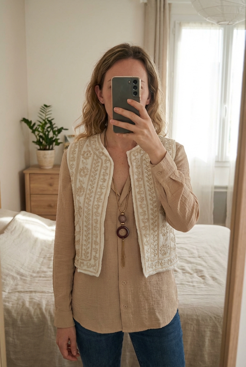 Magnifique gilet sans manches brodé – style bohème chic debout, face à la caméra, dans une chambre à la lumière douce, avec une lumière naturelle filtrant par la fenêtre.