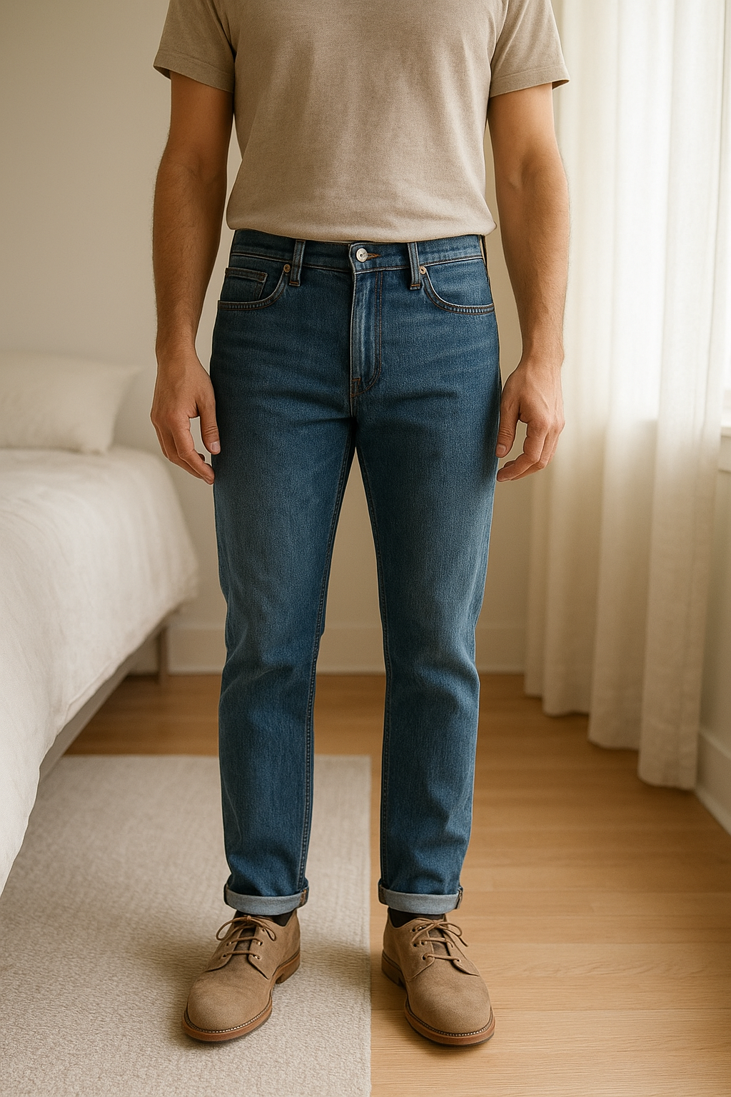 Jean skinny Mango debout, face à la caméra, dans une chambre à la lumière douce, avec une lumière naturelle filtrant par la fenêtre.