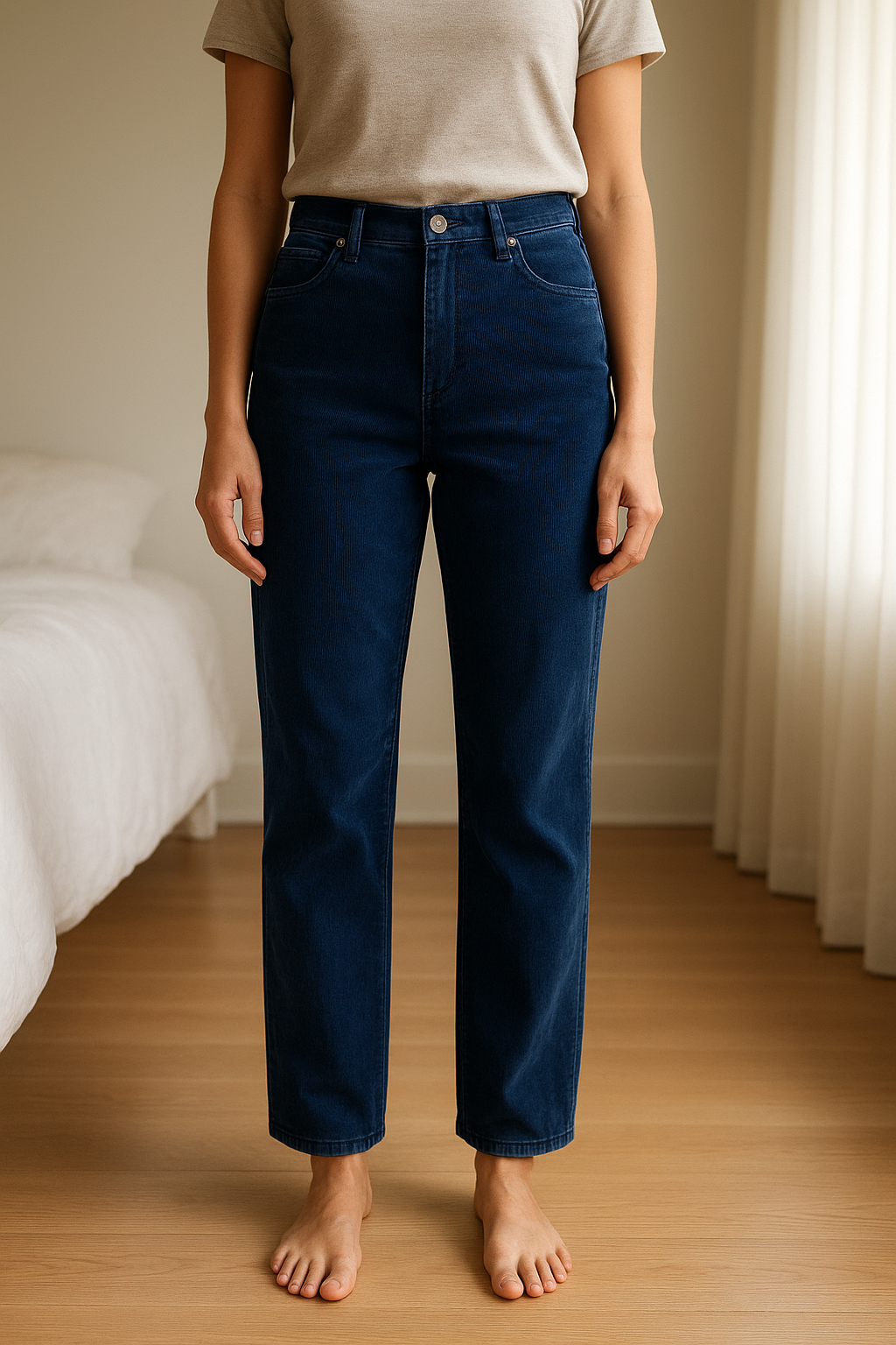Pantalon GAP velours bleu marine – Taille 36 – Skinny debout, face à la caméra, dans une chambre à la lumière douce, avec une lumière naturelle filtrant par la fenêtre.