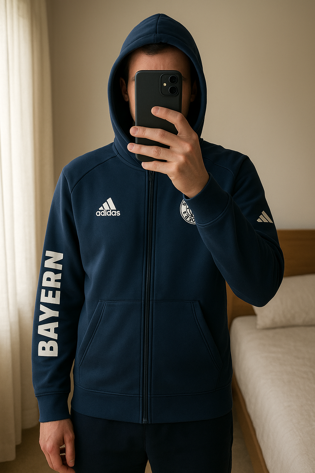 Felpa Adidas FC Bayern Monaco 2017 con cappuccio in piedi, rivolto verso la fotocamera, in una camera da letto con luce soffusa e luce naturale che filtra dalla finestra.
