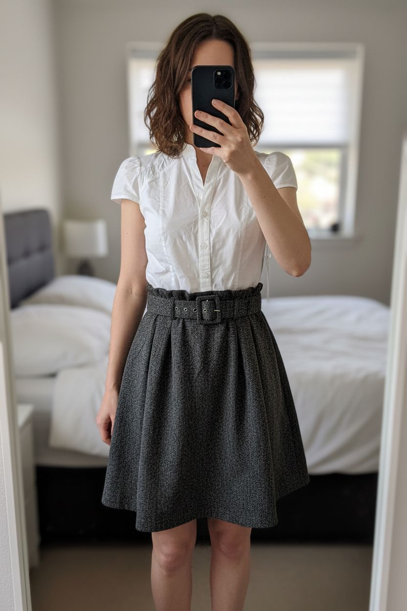 A person in New Office Style Shirt Dress with Belt – Size M standing straight facing the camera, in a softly lit bedroom setting, with gentle natural light filtering through a window.