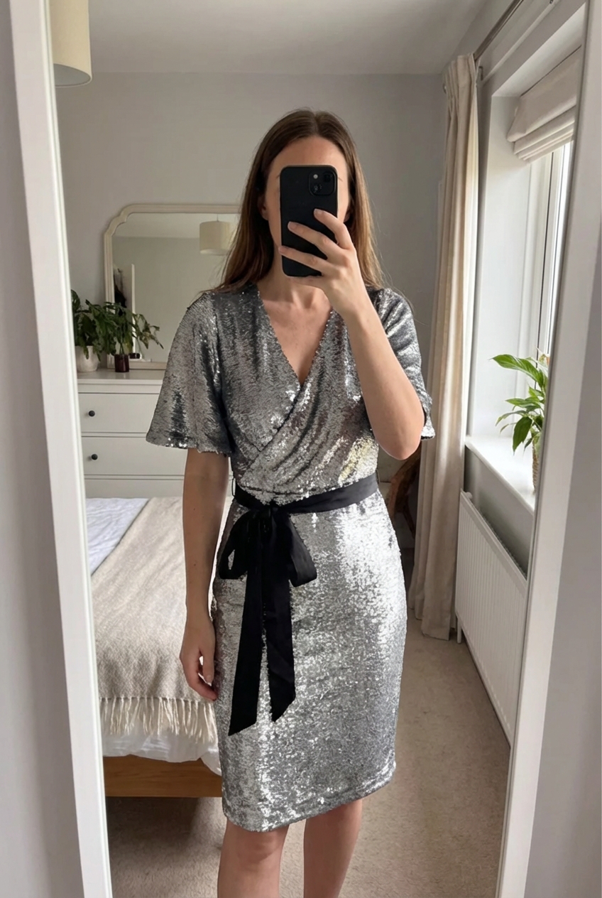 Phase Eight Silver Sequin Wrap Midi Dress – Size 8 standing straight facing the camera, in a softly lit bedroom setting, with gentle natural light filtering through a window.