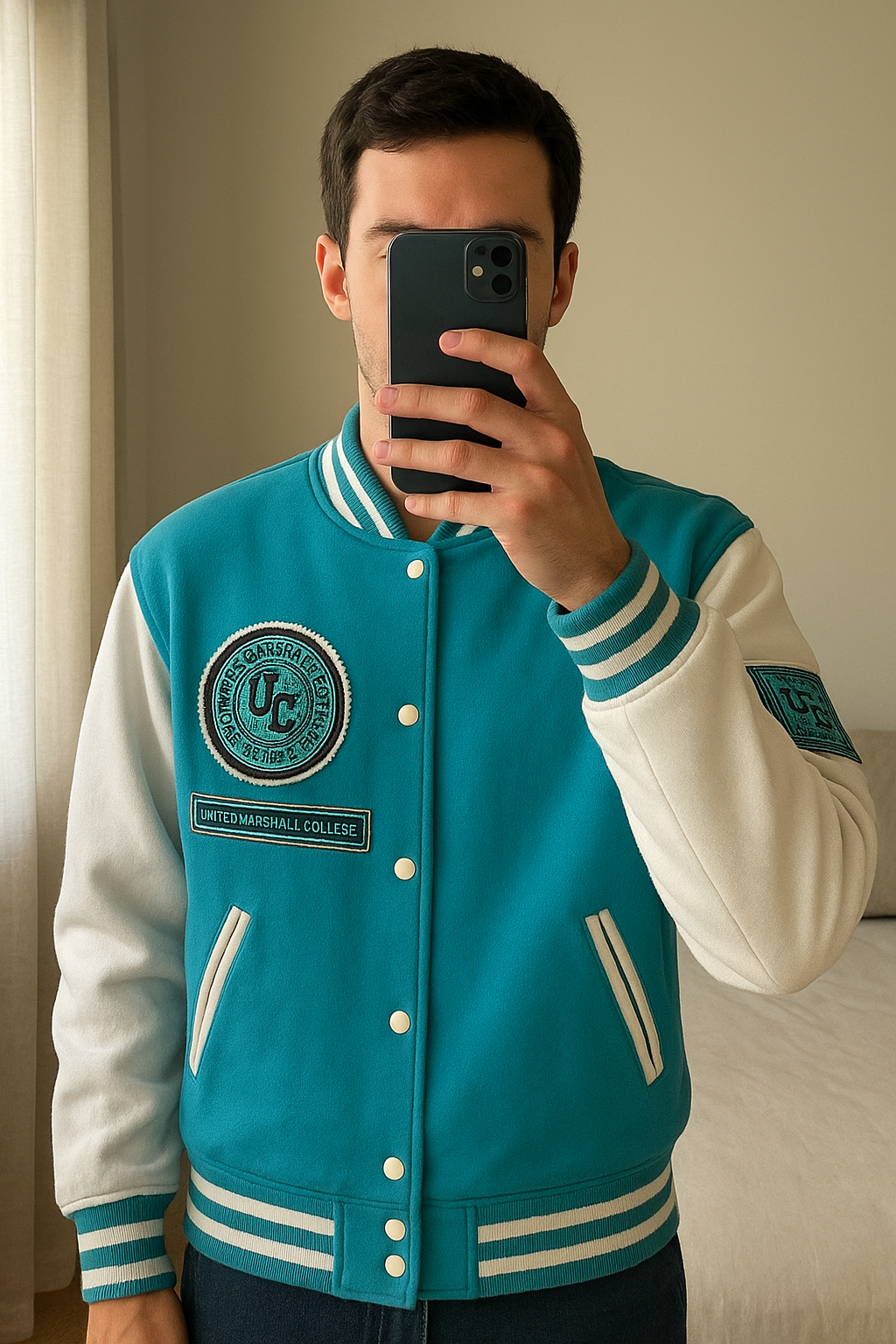 Veste universitaire debout, face à la caméra, dans une chambre à la lumière douce, avec une lumière naturelle filtrant par la fenêtre.