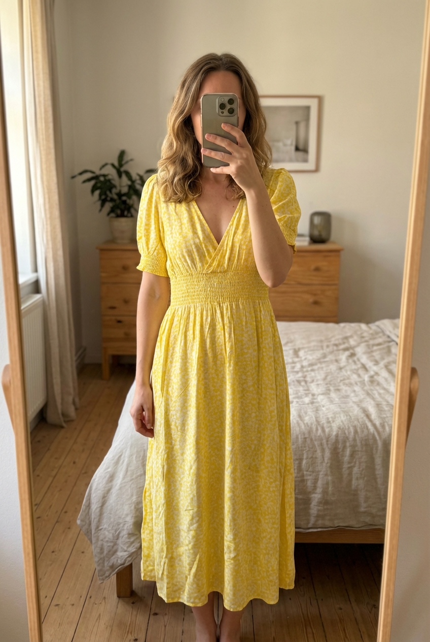 Robe longue YAS debout, face à la caméra, dans une chambre à la lumière douce, avec une lumière naturelle filtrant par la fenêtre.