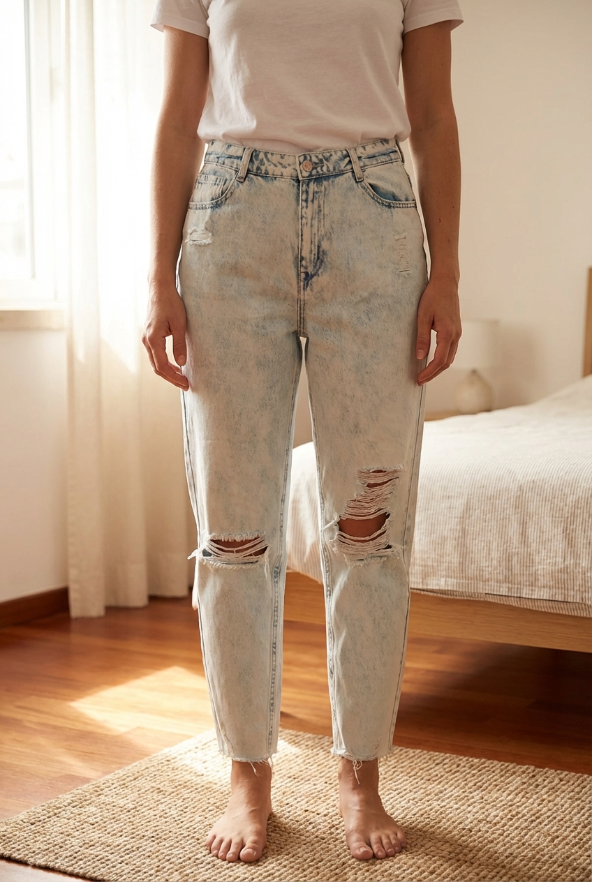 Jeans boyfriend bleu clair 40 - Pantaloni di denim IT44 in piedi, rivolto verso la fotocamera, in una camera da letto con luce soffusa e luce naturale che filtra dalla finestra.