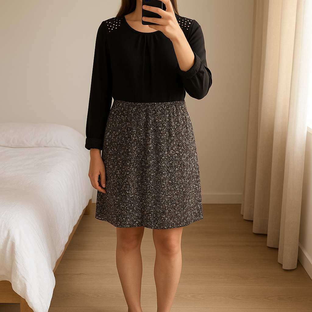 Une personne en Robe Miss Jota Taille L debout, face à la caméra, dans une chambre à la lumière douce, avec une lumière naturelle filtrant par la fenêtre.