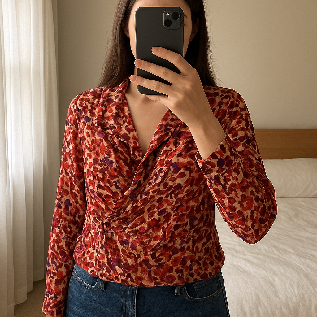 Blouse season T36 debout, face à la caméra, dans une chambre à la lumière douce, avec une lumière naturelle filtrant par la fenêtre.