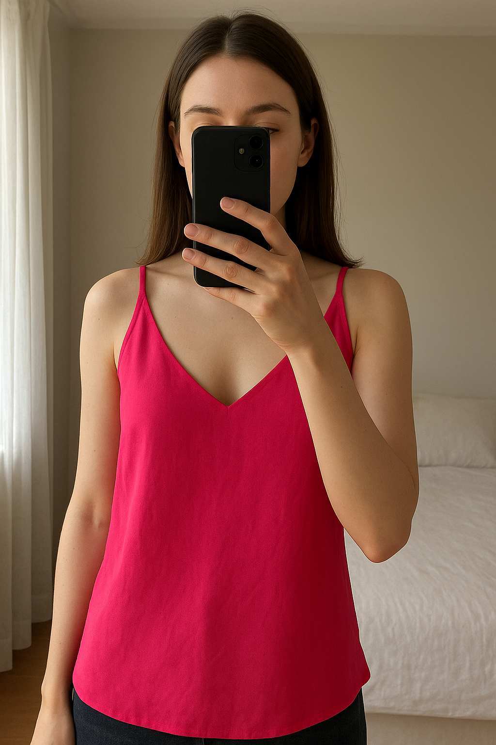Hot pink strappy camisole vest top size 14 standing straight facing the camera, in a softly lit bedroom setting, with gentle natural light filtering through a window.